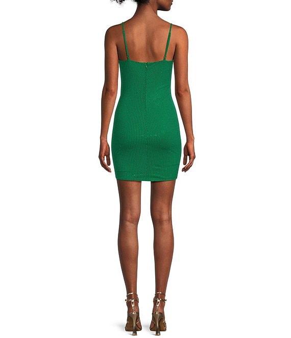 Midnight Doll Spaghetti Strap Rhinestone Jersey Knit Satin Tulip Hem Bodycon Dress Product Image