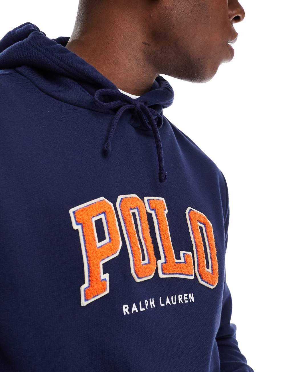 Polo Ralph Lauren chenille applique logo fleece hoodie in navy Product Image