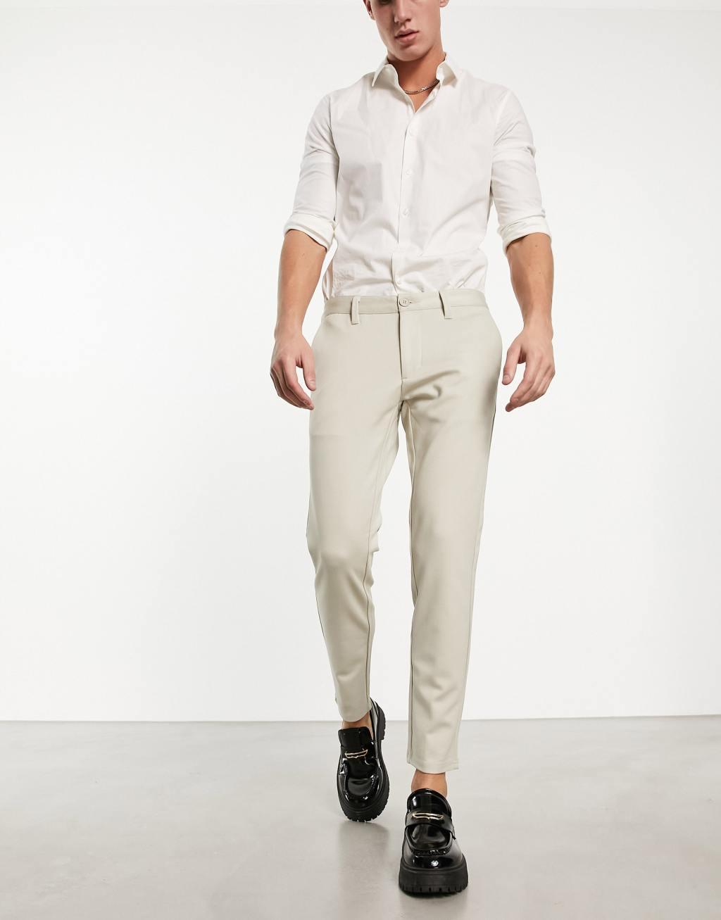 Only & Sons slim fit tapered pants in beige Product Image