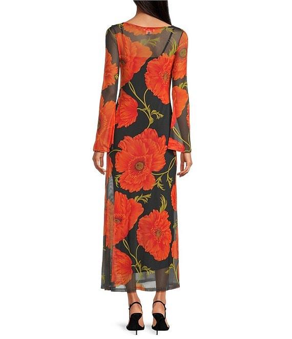 Never Fully Dressed Aria Poppy Floral Print Mesh Crew Neck Long Sleeve Maxi Dress Product Image