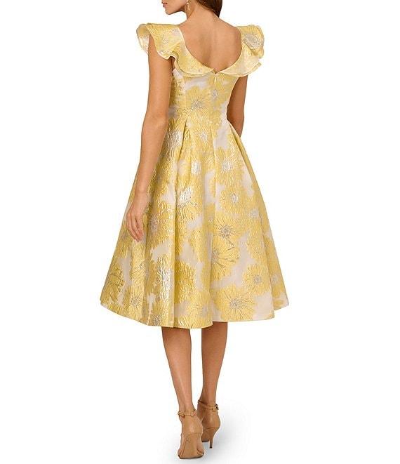 Adrianna Papell Jacquard Floral Print Boat Neck Cap Flutter Sleeve A-Line Midi Dress Product Image