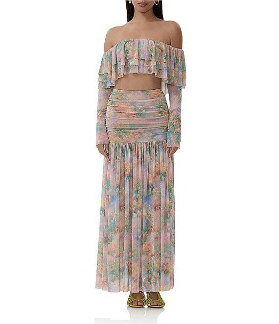 AFRM Alma Printed Mesh Knit One Shoulder Neck Long Sleeve Ruffle Coordinating Top Product Image