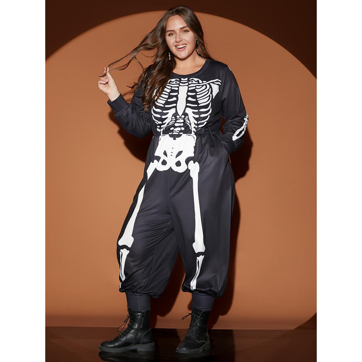 Plus Size Black Halloween Skull Print Round Neck Pocket Jumpsuit Women Casual Long Sleeve Round Neck Festival-Halloween Loose Jumpsuits BloomChic 14-16/1X Product Image