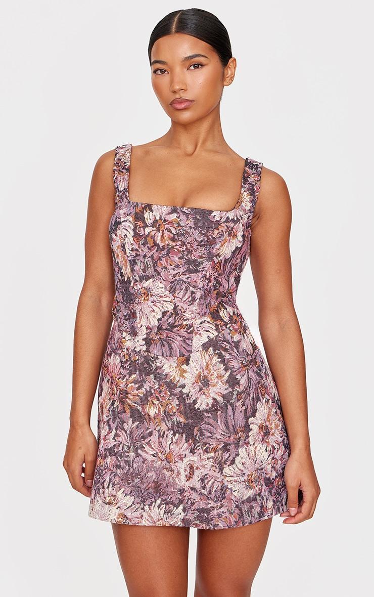 Purple Floral Jacquard Print Corset Mini Shift Dress Product Image