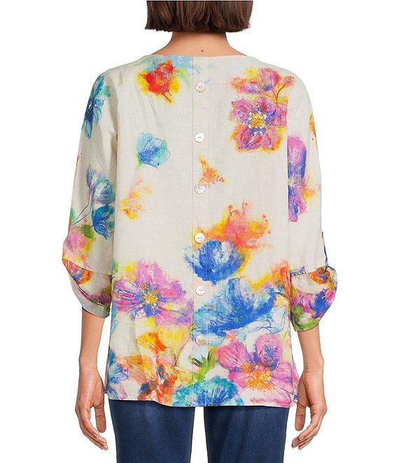 Ali Miles Linen Blend Multi Floral Round Neck High-Low Hem 3/4 Dolman Roll-Tab Sleeve Tunic Product Image