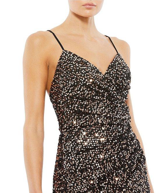 Mac Duggal Sequin V-Neck Sleeveless Faux Wrap Side Slit Gown Product Image