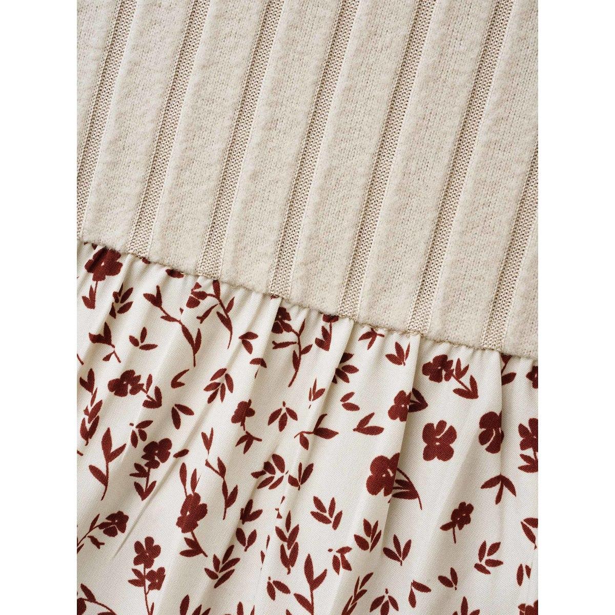 Plus Size Ditsy Floral Patchwork Texture Midi Dress Apricot Women Timeless Texture V-neck Long Sleeve Curvy BloomChic 12/L Product Image