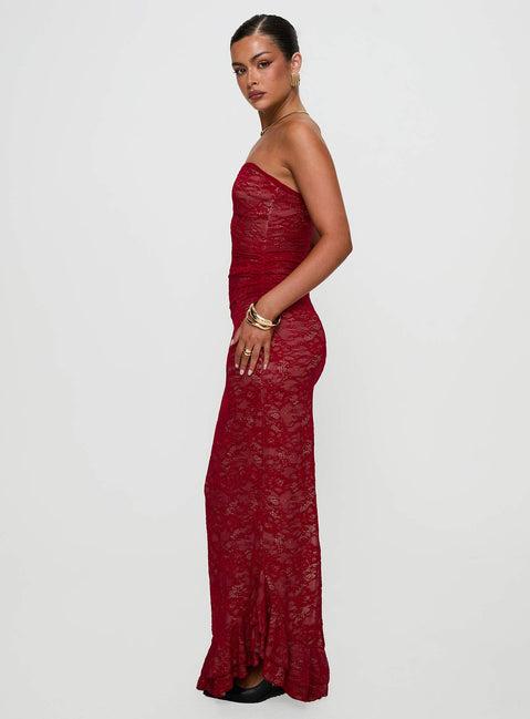 Hailees Lace Strapless Maxi Dress Red Product Image