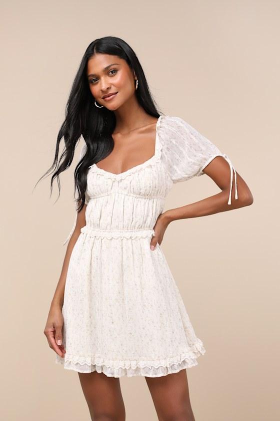 Adoring Moment Ivory Floral Lace Ruffled Puff Sleeve Mini Dress Product Image