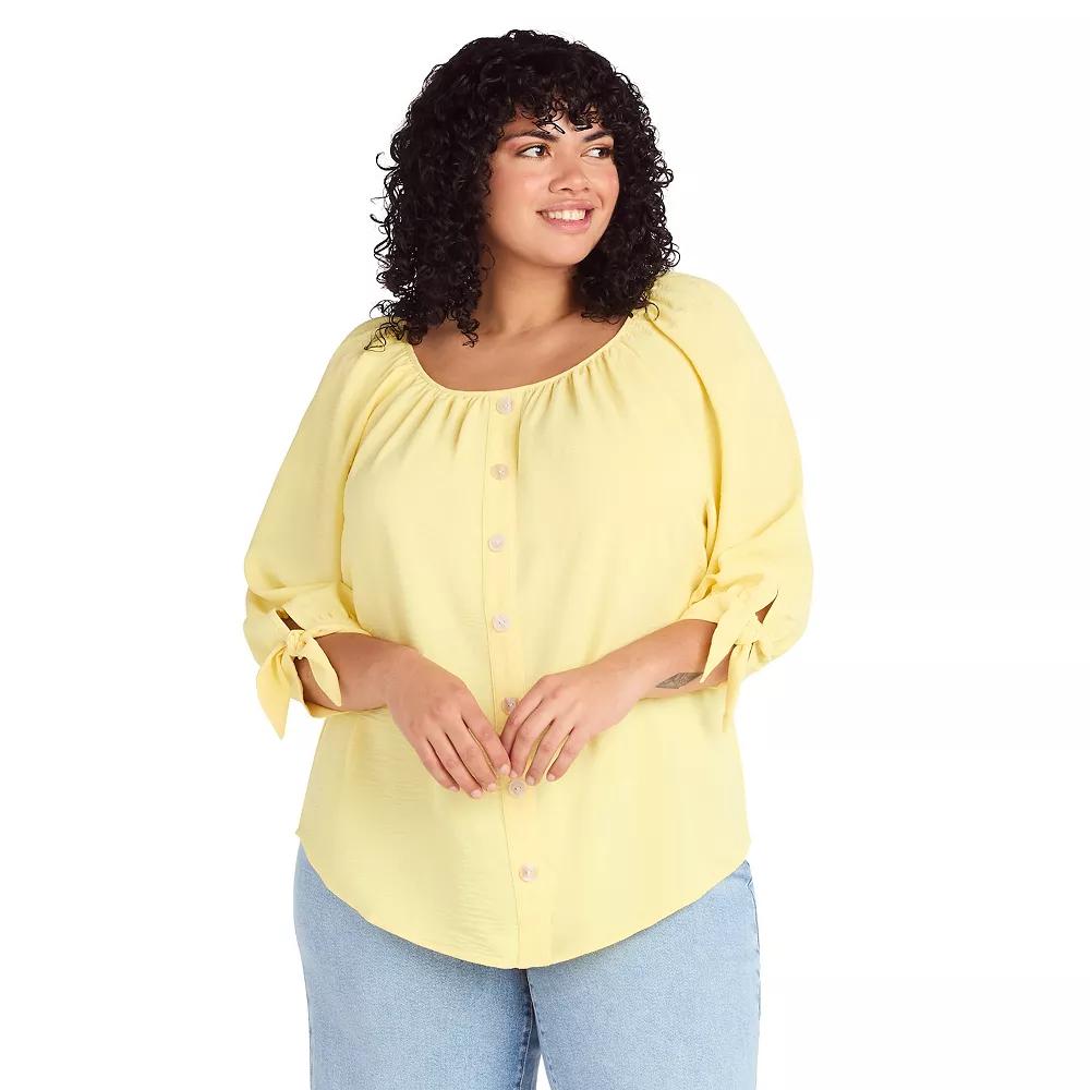 Plus Size AB Studio Button Front Tie Sleeve Top, Womens Product Image