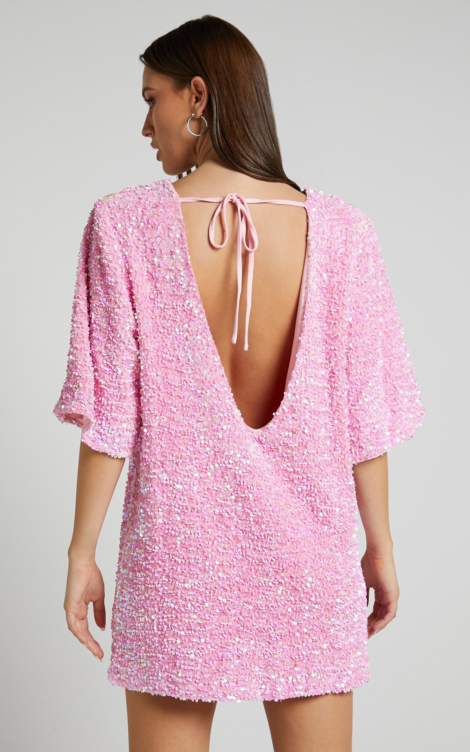 Valetta Mini Dress - Sequin low back shift dress in Pink Sequin Product Image