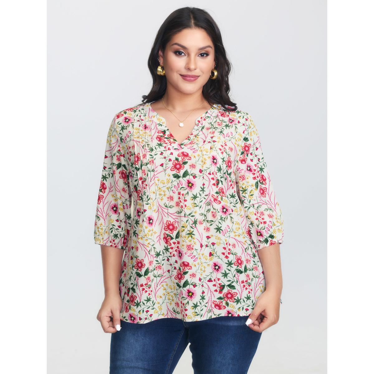 Plus Size WhiteSmoke Floral Print Notched Collar Shirt Women Timeless Elbow-length sleeve Notched collar Elegant Blouses BloomChic 14-16/1X Product Image