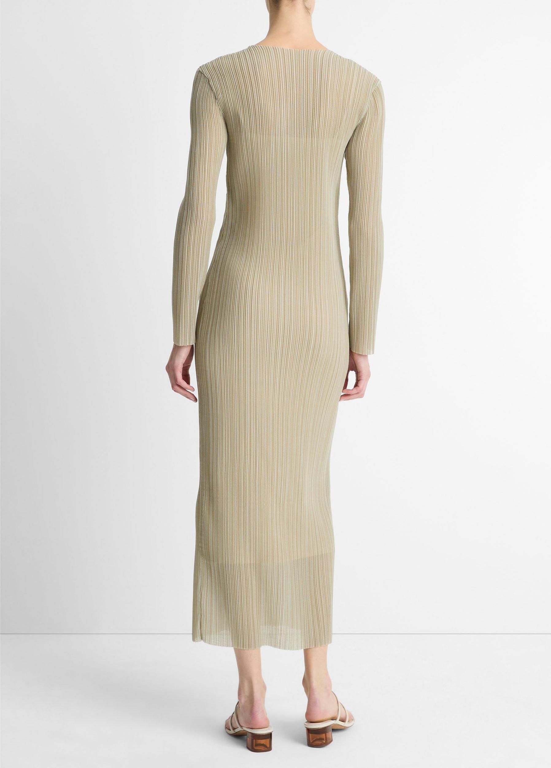 Pleated Long-Sleeve Crew Neck Dress Product Image