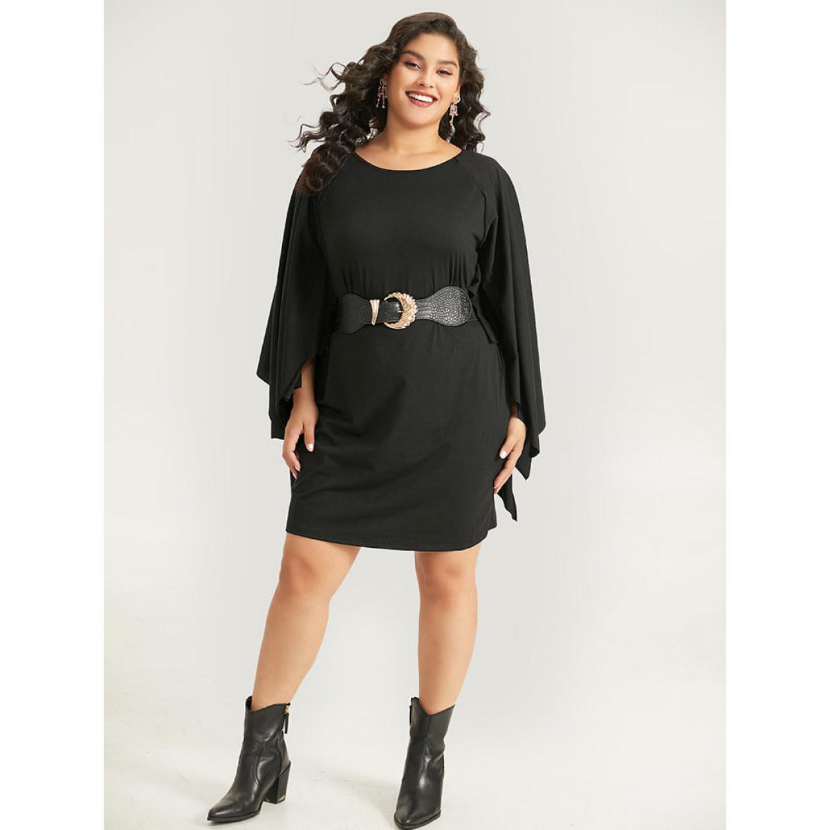 Plus Size Halloween Plain Round Neck Dolman Sleeve Dress Black Women Casual Plain Round Neck Long Sleeve Curvy Midi Dress BloomChic 28/5X Product Image