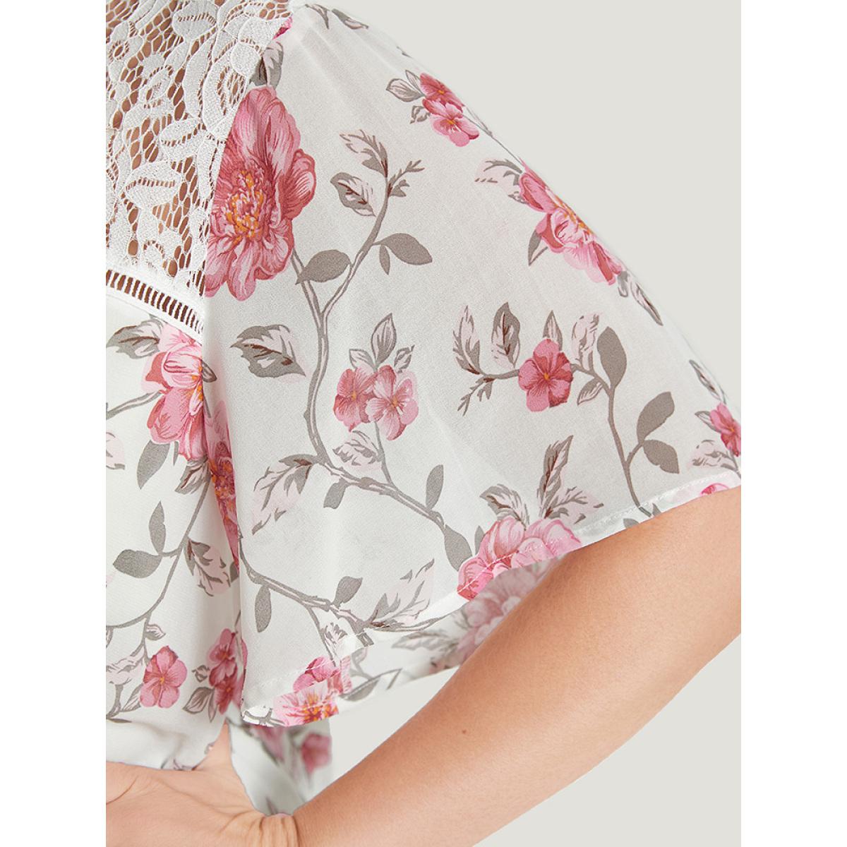 Plus Size White Floral Lace Ruffle Sleeve High Low Hem Blouse Women Elegant Short sleeve Round Neck Dailywear Blouses BloomChic 30/6X Product Image