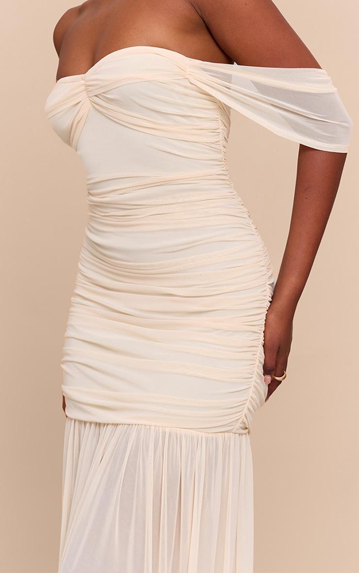 Cream Mesh Bardot Ruched Detail Maxi Dress Product Image