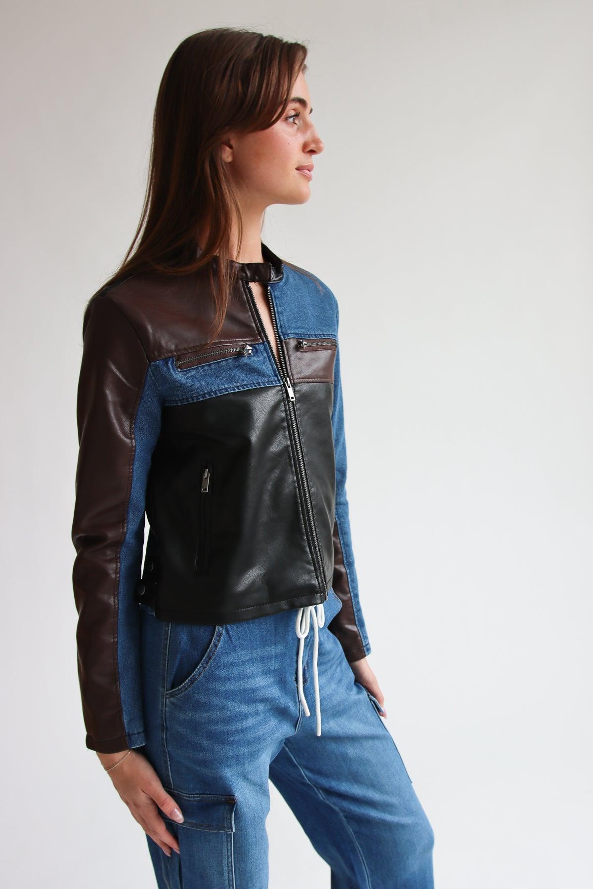 Pleather & Denim Color Block Moto Jacket Product Image