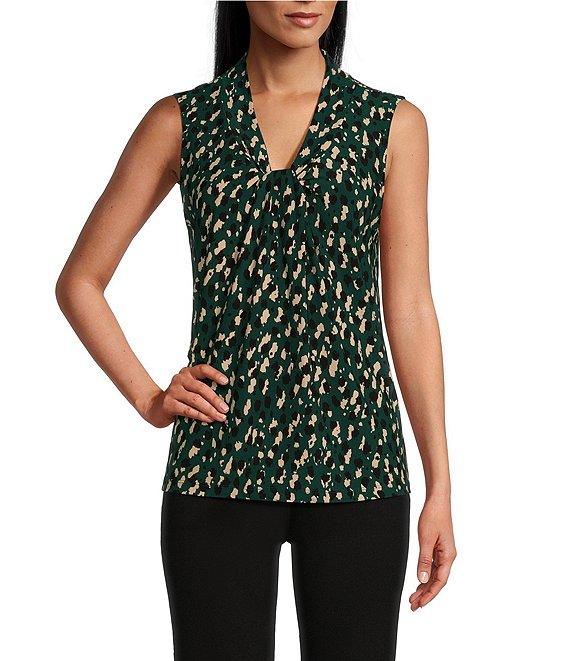 Kasper Printed Sleeveless V-Neck Knot Front Blouse Product Image