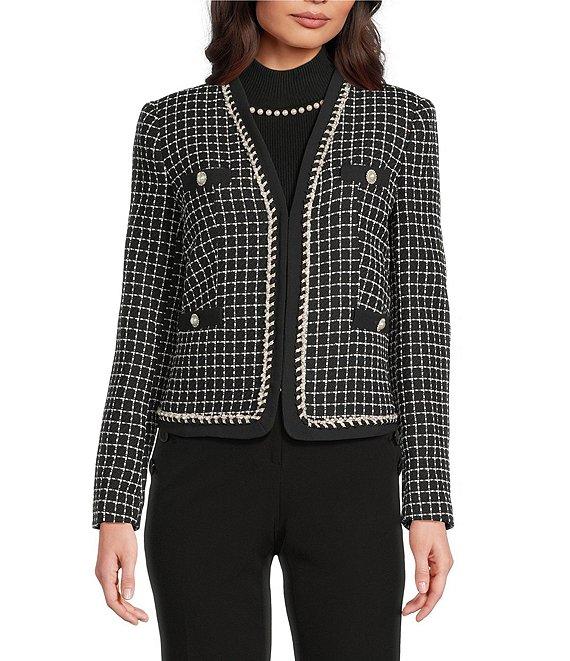 KARL LAGERFELD PARIS Tweed Novelty Trim V-Neck Long Sleeve Cropped Jacket Product Image