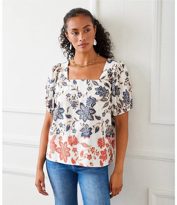 Karen Kane Poplin Batik Print Square Neck Puffed Short Sleeve Top Product Image