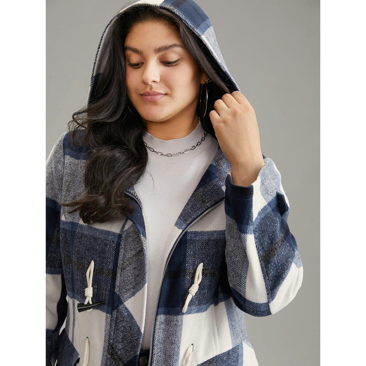 Plus Size Plaid Hooded Duffle Button Zipper Coat Women Indigo Casual Lined Ladies Dailywear Winter Coats BloomChic 26/4X Product Image