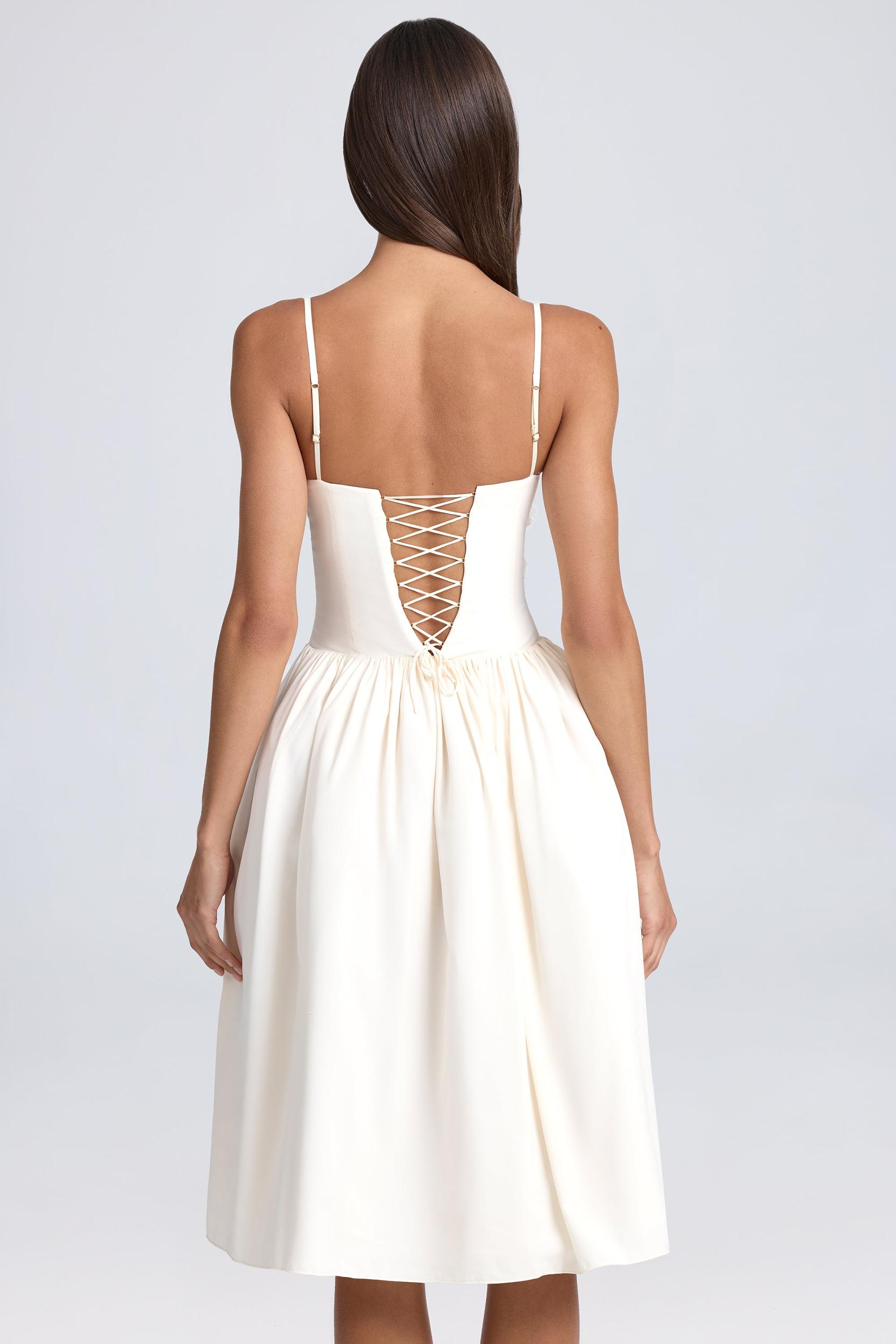 Floral-Appliqué Midi Dress in Ivory Product Image
