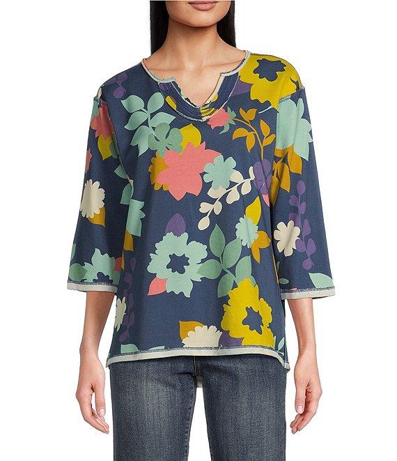 Tru Luxe Jeans French Terry Floral Notch Neck 3/4 Sleeve Top Product Image