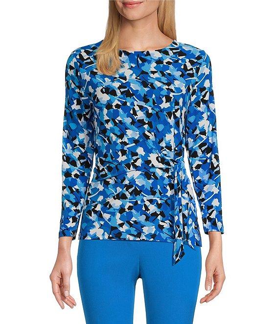 Kasper Abstract Print Crew Neck 3/4 Sleeve Tie Front Top Product Image