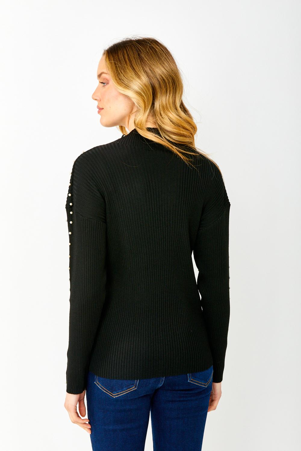 Mock Neck Pullover Knit Top with Pearl and Crystal Embellishment Product Image