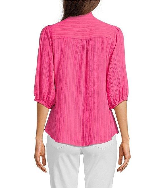 Calessa Petite Size Embroidered Split V-Neck 3/4 Sleeve Shirttail Hem Button Front Tunic Product Image