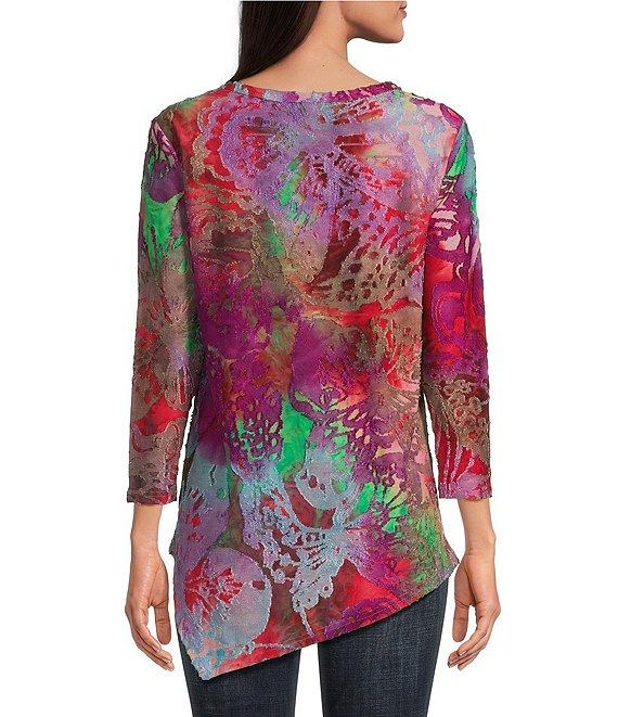 Calessa Petite Size Burnout Tie-Dye Crew Neck Bracelet Sleeve Asymmetric Hem Tunic Product Image