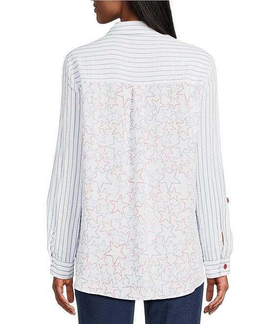 Multiples Crinkle Woven Stars And Stripe Printed Point Collar Long Roll-Tab Sleeve Hi-Low Hem Button Front Shirt Product Image