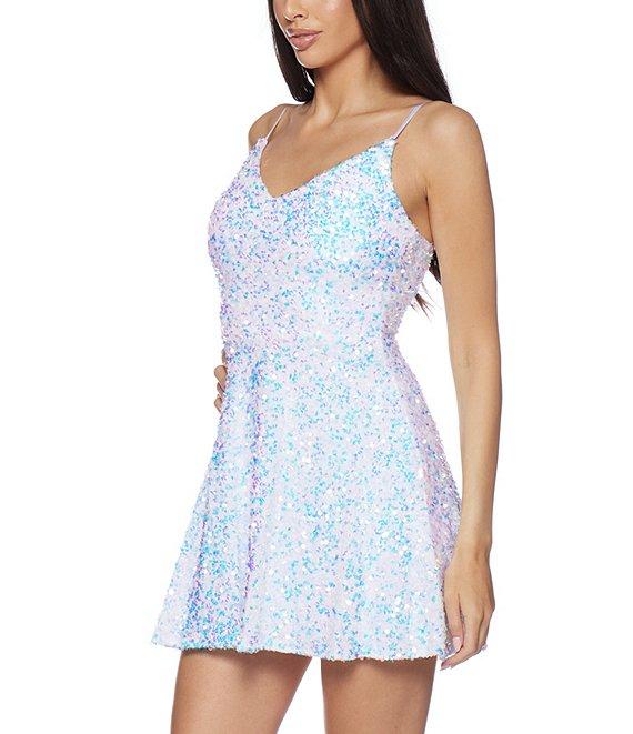 B. Darlin Spaghetti Strap V-Neck Velvet Embroidered Sequin Dress Product Image