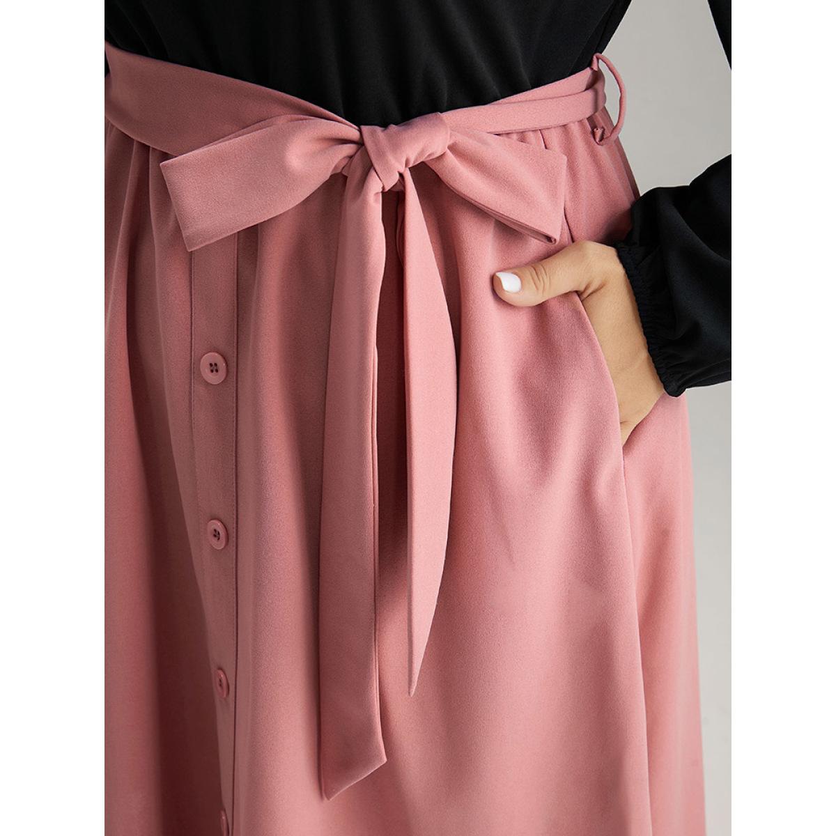 Plus Size Contrast Patchwork Button Detail Belted Dress Rouge Women At the Office Elastic cuffs Notched collar Long Sleeve Curvy Midi Dress BloomChic 22-24/3X Product Image