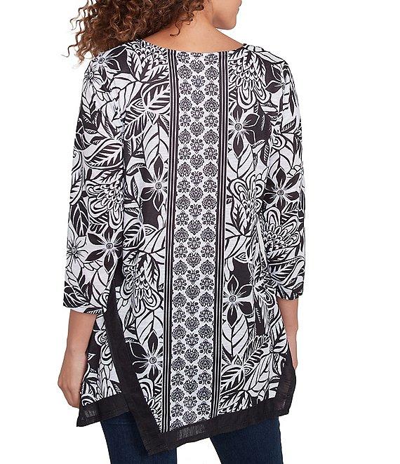 Ruby Rd. Petite Size Embellished Printed Scoop Neck 3/4 Sleeve Shark-Bite Hem Top Product Image