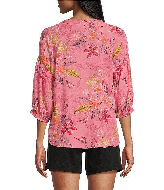 Westbound Floral Woven Elbow Smock Sleeve Henley Blouse Product Image