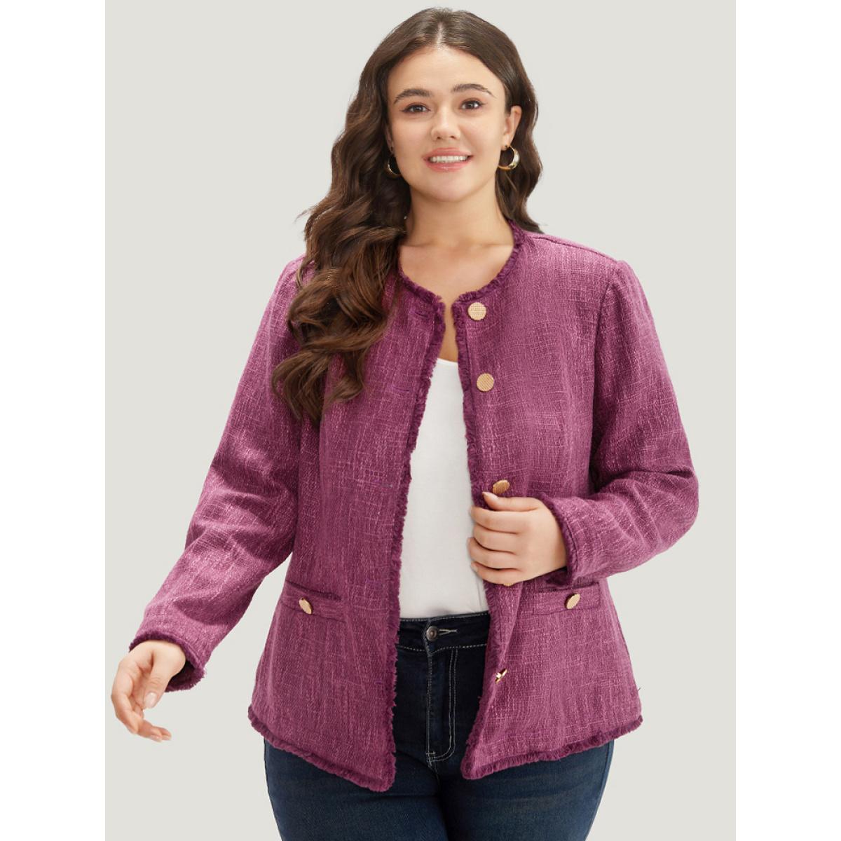 Plus Size Texture Buckle Detail Fuzzy Trim Jacket Women RedViolet Texture Pocket Dailywear Jackets BloomChic 22-24/3X Product Image