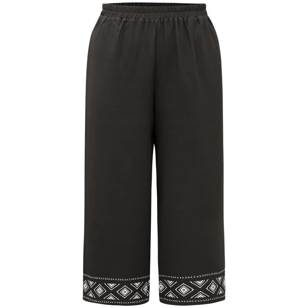 Plus Size Boho Print Elastic Waist Straight Leg Pants Women Black Vacation Straight Leg High Rise Dailywear Pants BloomChic 12/L Product Image