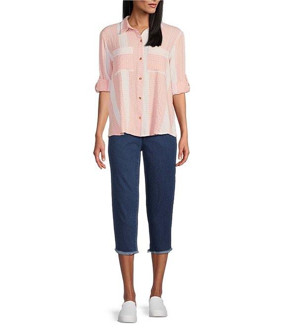 Intro Woven Stripe Point Collar Long Roll-Tab Sleeve Button Front Shirt Product Image