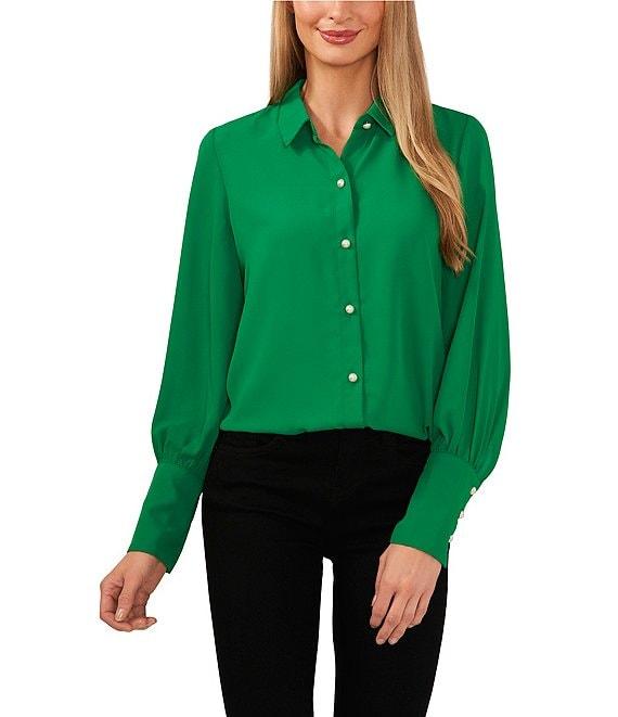 CeCe Heavy Georgette Point Collar Long Sleeve Pearl Button Front Shirt Product Image