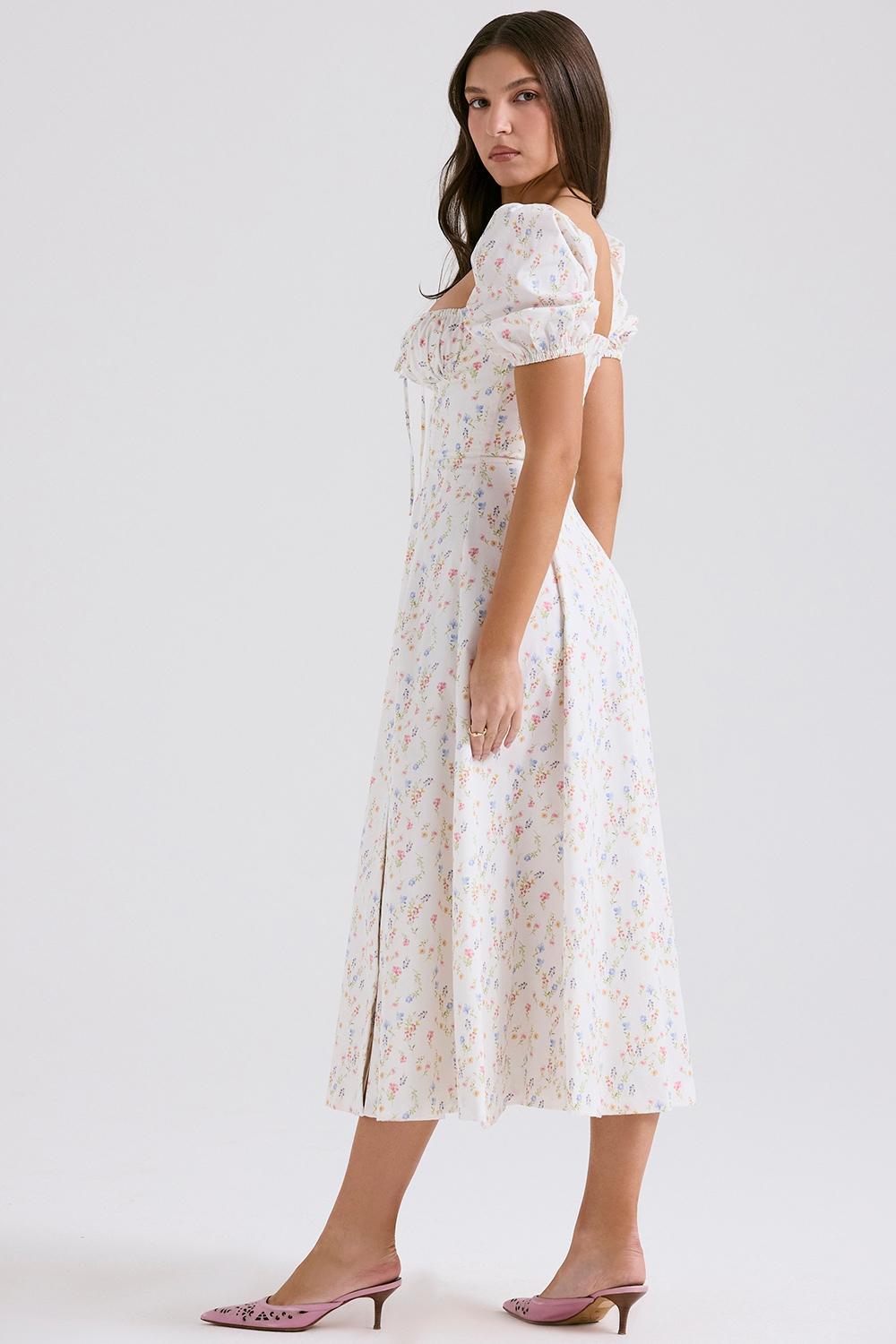 Tallulah  white posy print cotton puff sleeve midi sundress Product Image