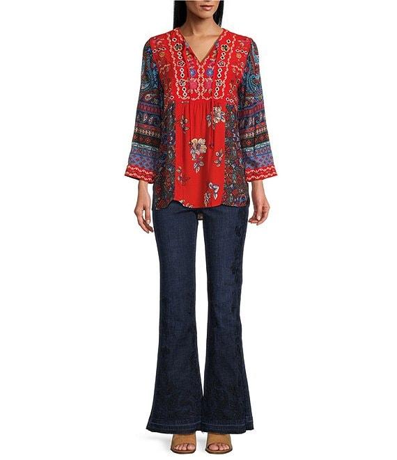 John Mark Embroidered Tie Front V-Neck 3/4 Sleeve Tunic Product Image