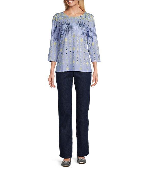 Allison Daley Embellished Folk Stitch Print 3/4 Sleeve Crew Neck Knit Top Product Image