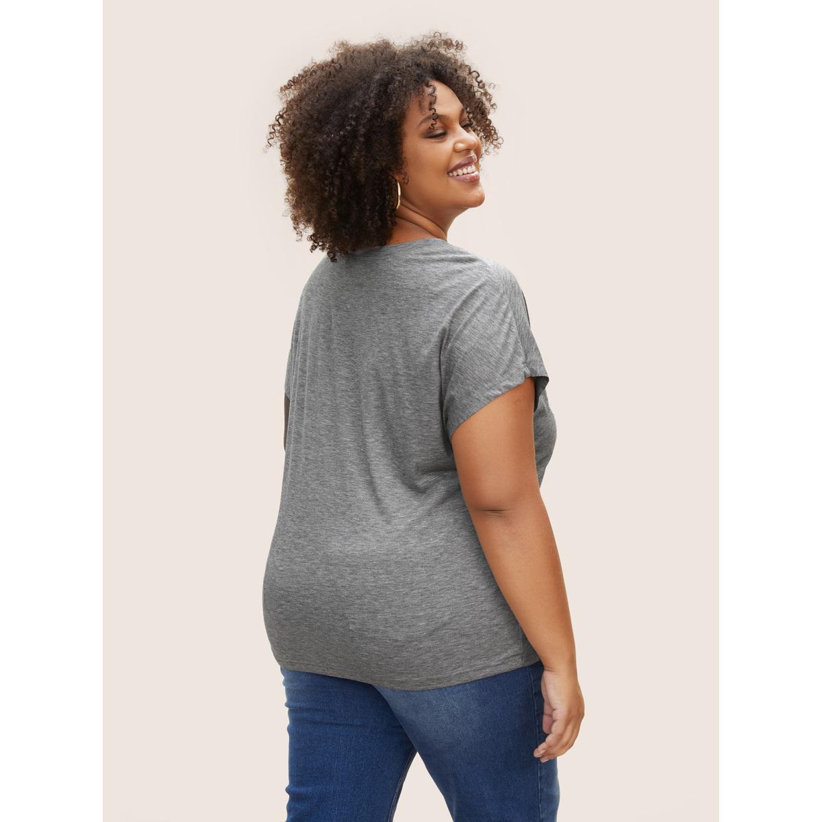 Plus Size Plain Heather Keyhole Dolman Sleeve T-shirt DarkGray Women Casual Cut-Out Round Neck Everyday T-shirts BloomChic 18-20/2X Product Image
