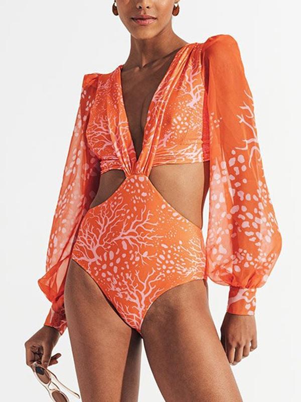 Irregular Print Cutout V Neck Long Sleeve One-Piece Product Image