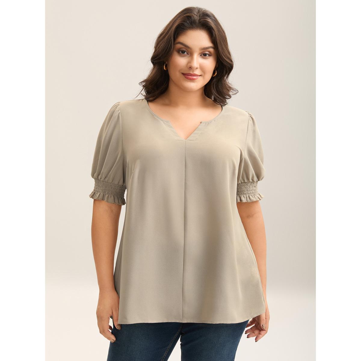 Plus Size Champagne Shirred Puff Sleeve Split Neck Shirt Women Half Sleeve Notched collar Work Blouses BloomChic 12/L Product Image