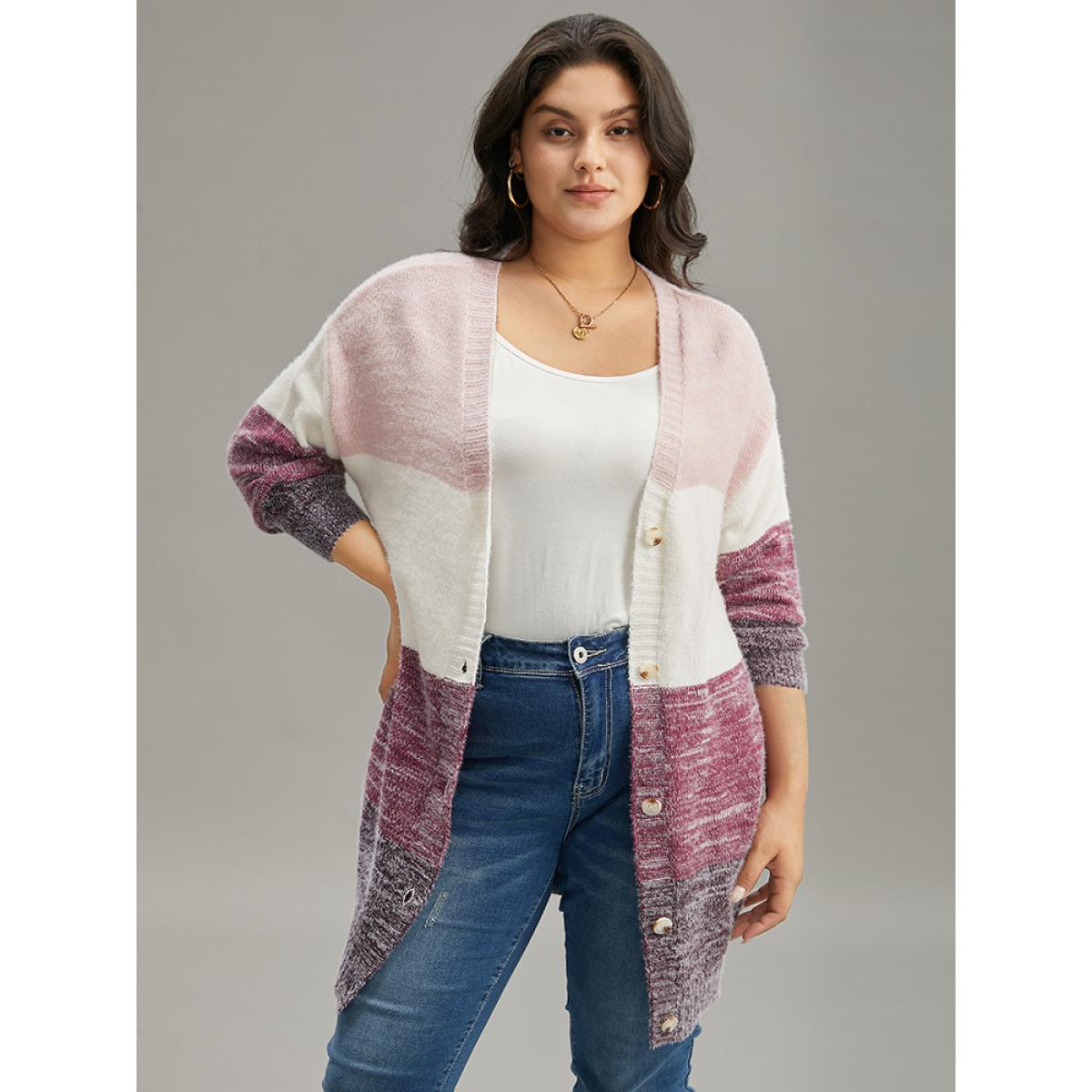 Plus Size Colorblock Button Through Fuzzy Cardigan Multicolor Women Casual Loose Long Sleeve Dailywear Cardigans BloomChic 10/M Product Image