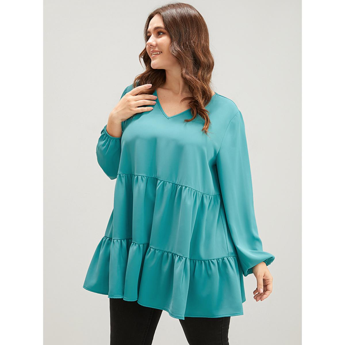 Plus Size Aegean Solid V Neck Lantern Sleeve Ruffle Hem Blouse Without Belt Women Elegant Long Sleeve V-neck Dailywear Blouses BloomChic 10/M Product Image
