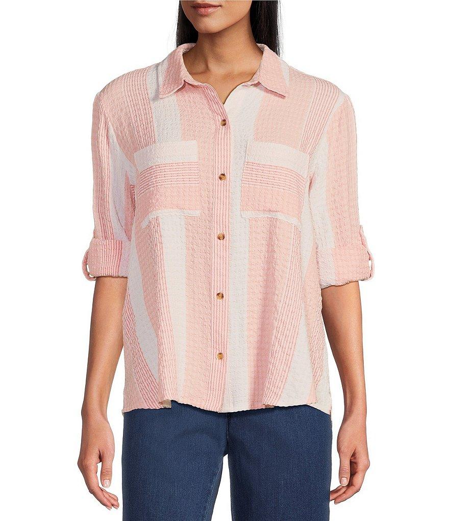 Intro Woven Stripe Point Collar Long Roll-Tab Sleeve Button Front Shirt Product Image