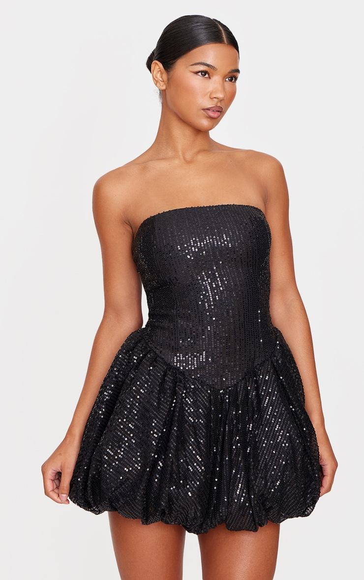 Black Sequin Bandeau Mini Puffball Dress Product Image